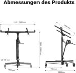 Wiltec XXL Plattenheber bis max. 68 kg, Höhe 140-350 cm, max. Breite 2,90 m, Trockenbau Montagehilfe 1-Mann-Bedienung, 3 Räder mit Feststellbremse, schwarz