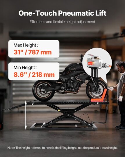 VEVOR Motorradheber Motorradhebebühne höhenverstellbarer Hebeständer mit Abnehmbarer Werkbank, Fahrzeugreparaturplattform pneumatisch (680 kg belastbar/Max. Hubhöhe 940,2 mm) für Dirtbikes