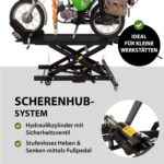 TRUTZHOLM Motorradhebebühne hydraulisch Tragkraft 360 kg kleiner Motorradheber Hubbereich 18-83 cm Nutzbreite 50 cm abnehmbare Auffahrrampe 4 Halteösen 45° Vorderradklemmung Scherenheber Moped schwarz