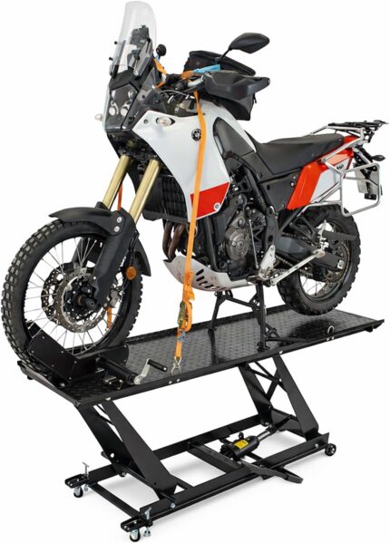 TRUTZHOLM Motorradhebebühne hydraulisch Tragkraft 450 kg Motorradheber Nutzbreite 55 cm Hubbereich 18-84 cm abnehmbare Auffahrrampe 4 Halteösen 45° Vorderradklemmung Parallelheber Hebebühne (Schwarz)