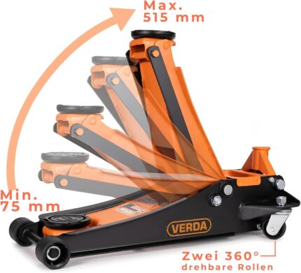 Verda Wagenheber hydraulisch 3T - Hubhöhe 75-515 mm, mit D-Griff und Fußpedal, mit Schmiernippel, 2X Gummi, Rangierwagenheber PKW Auto Heber, SUV, Doppelpumpsystem, Extra Stabil & Sicher Flacher