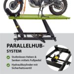 TRUTZHOLM Motorradhebebühne hydraulisch Tragkraft 450 kg Motorradheber Nutzbreite 55 cm Hubbereich 18-84 cm abnehmbare Auffahrrampe 4 Halteösen 45° Vorderradklemmung Parallelheber Hebebühne (Grün)