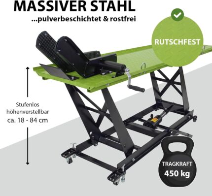 TRUTZHOLM Motorradhebebühne hydraulisch Tragkraft 450 kg Motorradheber Nutzbreite 55 cm Hubbereich 18-84 cm abnehmbare Auffahrrampe 4 Halteösen 45° Vorderradklemmung Parallelheber Hebebühne (Grün)