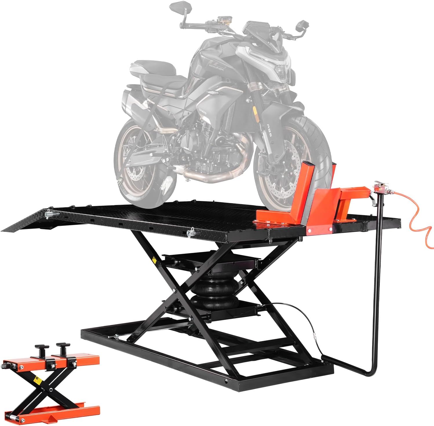 VEVOR Motorradheber Motorradhebebühne höhenverstellbarer Hebeständer mit Abnehmbarer Werkbank, Fahrzeugreparaturplattform pneumatisch (680 kg belastbar/Max. Hubhöhe 940,2 mm) für Dirtbikes