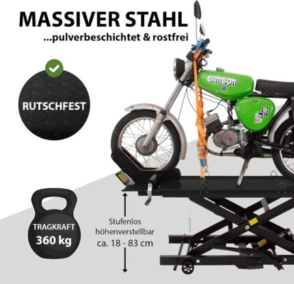 TRUTZHOLM Motorradhebebühne hydraulisch Tragkraft 360 kg kleiner Motorradheber Hubbereich 18-83 cm Nutzbreite 50 cm abnehmbare Auffahrrampe 4 Halteösen 45° Vorderradklemmung Scherenheber Moped schwarz