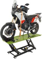 TRUTZHOLM Motorradhebebühne hydraulisch Tragkraft 450 kg Motorradheber Nutzbreite 55 cm Hubbereich 18-84 cm abnehmbare Auffahrrampe 4 Halteösen 45° Vorderradklemmung Parallelheber Hebebühne (Grün)