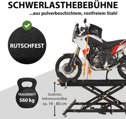 TRUTZHOLM Motorradhebebühne hydraulisch Tragkraft 560 kg Schwerlast Scherenheber Hubbereich 19-84 cm Nutzbreite 60 cm abnehmbare Auffahrrampe 4 Halteösen 45° Vorderradklemmung Hebebühne (Schwarz)