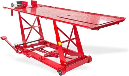 Dema Hydraulische Motorradhebebühne – Montagerampe, Motorradheber, Hebebühne, 454 kg Tragkraft, rutschfeste Arbeitsfläche, Sicherungsstange, Werkstatt-Lift