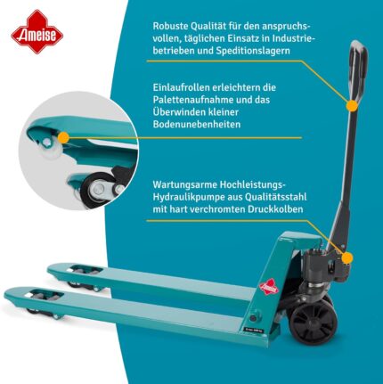 Ameise Hubwagen PTM | 3.000 kg Tragkraft | 1.150 mm Gabellänge | Lenkrad/Gabelrolle aus robustem Polyurethan | Tandem-Gabelrollen | Palettenhubwagen