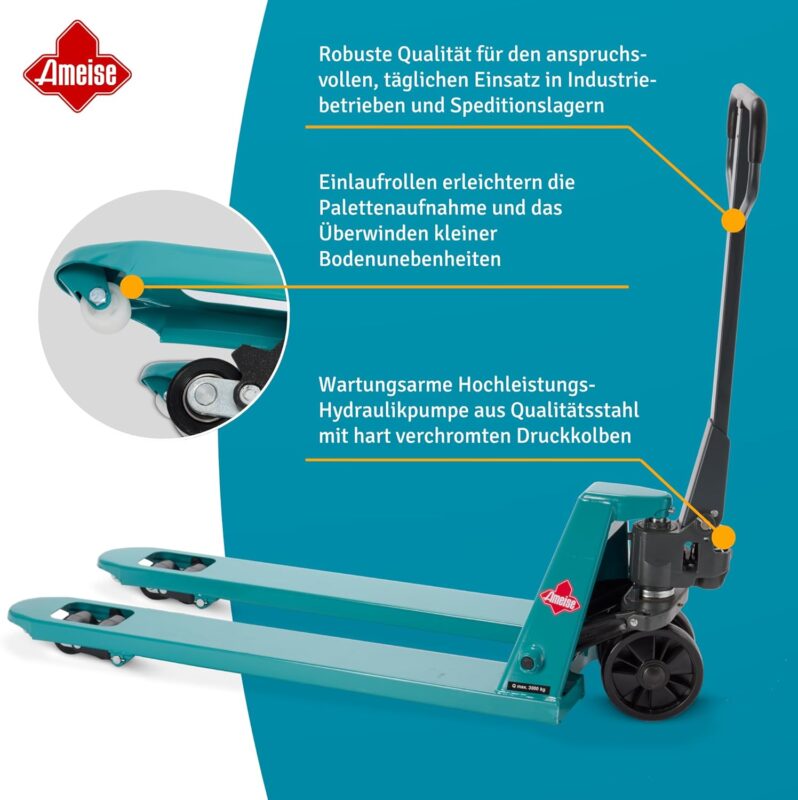 Ameise Hubwagen PTM | 3.000 kg Tragkraft | 1.150 mm Gabellänge | Lenkrad/Gabelrolle aus robustem Polyurethan | Tandem-Gabelrollen | Palettenhubwagen