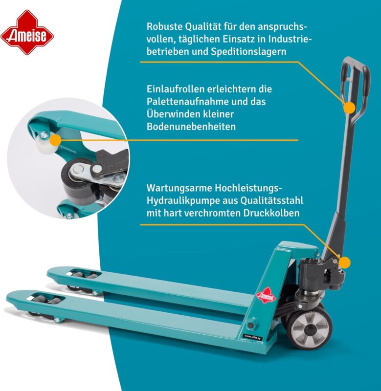 Ameise Hubwagen PTM | 2.500 kg Tragkraft | 1.150 mm Gabellänge | Lenkrad aus laufruhigem Vollgummi | Tandem-Gabelrollen aus robustem Polyurethan | Palettenhubwagen