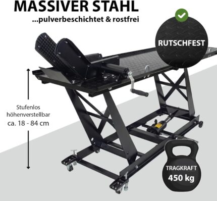 TRUTZHOLM Motorradhebebühne hydraulisch Tragkraft 450 kg Motorradheber Nutzbreite 55 cm Hubbereich 18-84 cm abnehmbare Auffahrrampe 4 Halteösen 45° Vorderradklemmung Parallelheber Hebebühne (Schwarz)