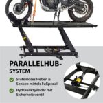TRUTZHOLM Motorradhebebühne hydraulisch Tragkraft 450 kg Motorradheber Nutzbreite 55 cm Hubbereich 18-84 cm abnehmbare Auffahrrampe 4 Halteösen 45° Vorderradklemmung Parallelheber Hebebühne (Schwarz)