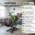 TRUTZHOLM Motorradhebebühne hydraulisch Tragkraft 360 kg kleiner Motorradheber Hubbereich 18-83 cm Nutzbreite 50 cm abnehmbare Auffahrrampe 4 Halteösen 45° Vorderradklemmung Scherenheber Moped schwarz