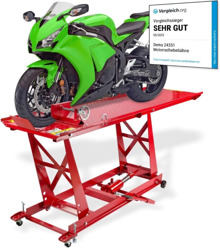 DEMA Motorradhebebühne rot – hydraulische Hebebühne, 450 kg Tragkraft, Werkstattbühne, robust & stabil, ideal für Motorradwartung, Reparatur & Pflege