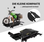 TRUTZHOLM Motorradhebebühne hydraulisch Tragkraft 360 kg kleiner Motorradheber Hubbereich 18-83 cm Nutzbreite 50 cm abnehmbare Auffahrrampe 4 Halteösen 45° Vorderradklemmung Scherenheber Moped schwarz